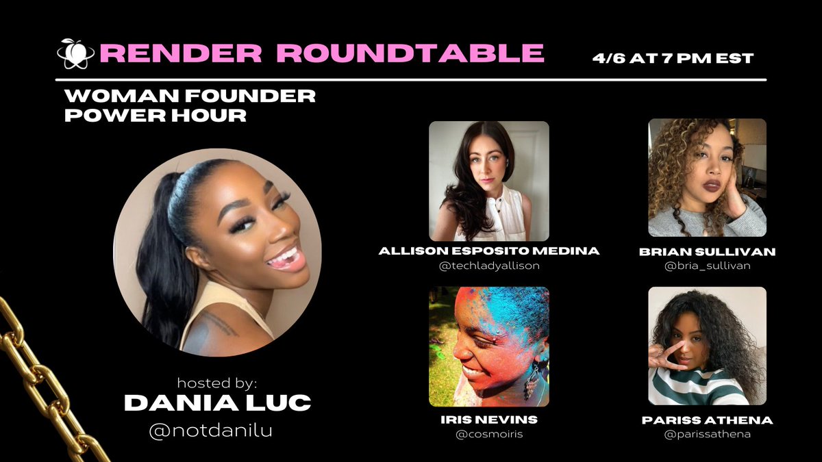 RenderATL's tweet photo. We can't wait to have @notdanilu sit at the roundtable with @techladyallison, @bria_sullivan, @cosmosiris, and @ParissAthena TONIGHT for the Woman Founder Power Hour. We're chatting with some of your favorite founders so make sure you're there! https://t.co/dj2im6ATUB