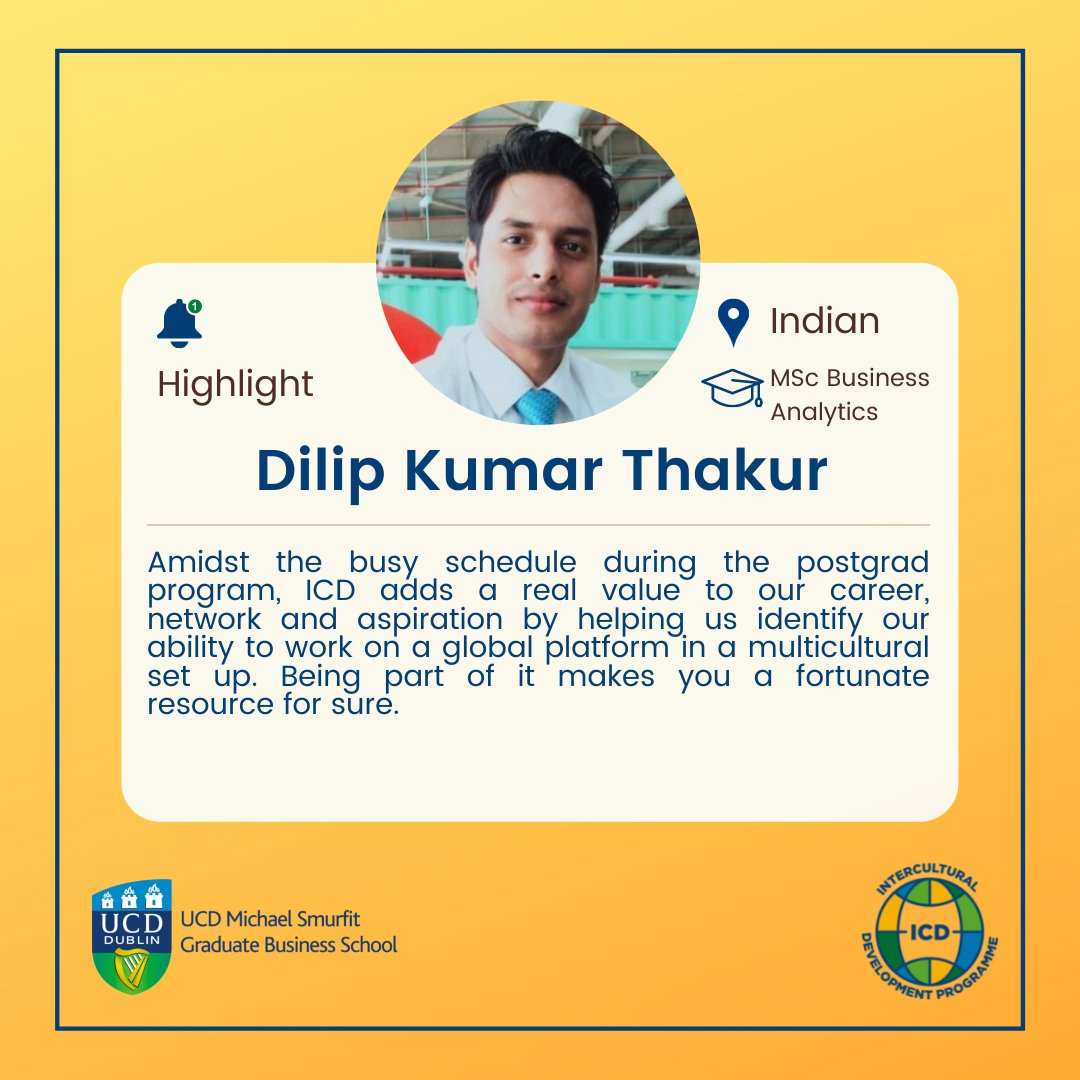 In this week's #student #testimonial we hear from Dilip Kumar Thakur, student of MSc Business Analytics at @SmurfitSchool on how #ICD has provided him the opportunity to realize his potential and made him future-ready for the workplace. #diversity #intercultural #studentlife