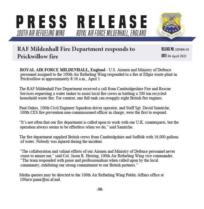 For more information regarding the 5 April fire in Prickwillow to which our Airmen responded, please see the press release below: 👇 go.usa.gov/xu3gD