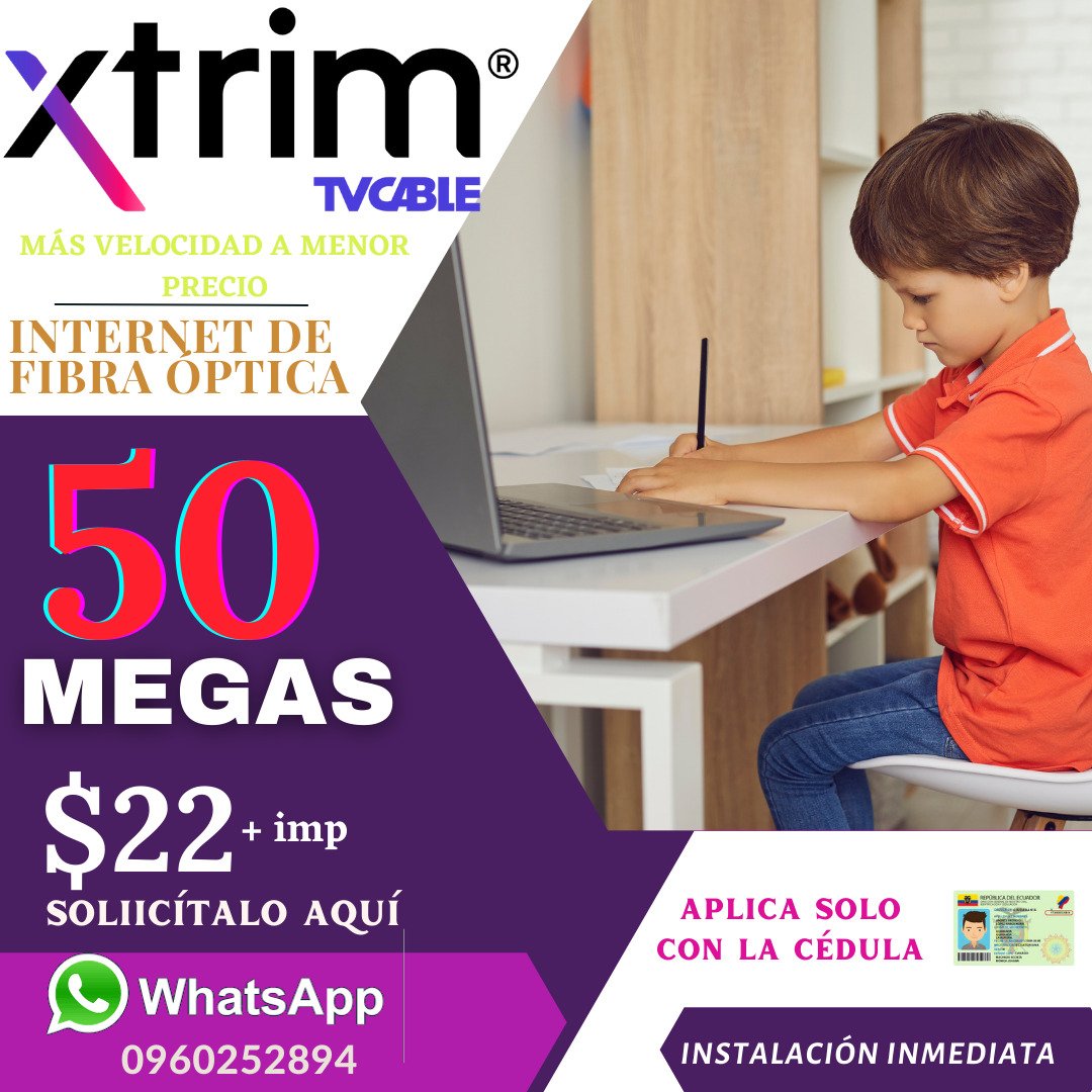 TvcableL's tweet photo. Este inicio de clases hágalo con Internet 🌐 de TVCABLE,  50 megas a un precio increíble💰 $22 + imp.
Incluye Xtrim App por 12 meses, Parramount Plus por 30 días. Instalación gratis.
Contrate ahora y pague desde mayo.
Aplique solo con la cédula.
Solicítelo 📲  096 025 2894 https://t.co/L41PjaRNnb