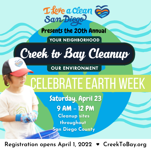 escondidocreek's tweet photo. Celebrate Earth Day with us at Quarry Preserve by volunteering for @iloveacleansd 20th anniversary Creek to Bay Cleanup! Clean-ups aim to pick up 100,000lbs of debris from waterways throughout SD County. #C2B2022 #CreektoBay #ILACSD #ILoveACleanSD https://t.co/QbM9NCkihx https://t.co/ItkzUHwTED