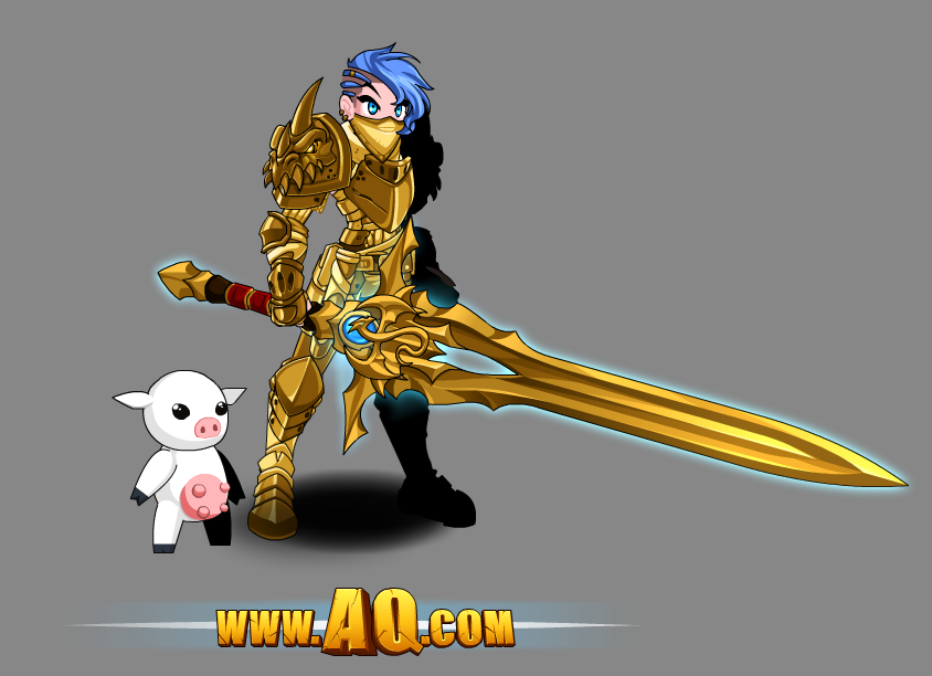 Alina_AE's tweet photo. Sneak peek of some of this Friday's reward farm items: Golden Warrior armor, Golden Battleon Savior Blade, Golden Rogue Locks, and Cutie Cow pet. https://t.co/m5csV5Tgi7 https://t.co/HBbFdXU6Pa