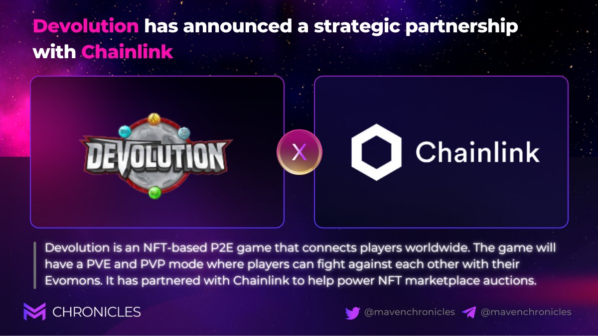 ChroniclesMaven's tweet photo. 🎮 @DevolutionMeta has announced a strategic partnership with @chainlink 

🤝 This partnership will help power and enhance NFT marketplace auctions https://t.co/ztvHstTWre