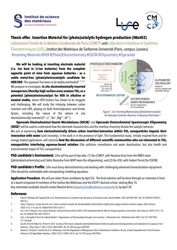 New PhD position open! <a href="/Rmes_lcmcp/">Rmes_lcmcp</a> <a href="/iMAT_SorbUniv/">Institut de science des matériaux</a> <a href="/ED397_Sorbonne/">ED397 Doctoral School Materials Physics/Chemistry</a> @lcmcp <a href="/ScienceSorbonne/">Faculté des Sciences de Sorbonne Université</a> @NatKrins #batteries #PhDposition #materials #hydrogen #electrochemistry