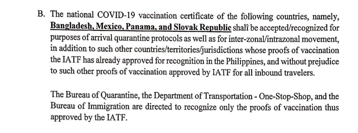 UniteUsInPH's tweet photo. Vaccine certificates from Bangladesh, Mexico, Panama and Slovak Republic are now recognized in the Philippines.
#UniteUsInPH https://t.co/qPtLK21rOP
