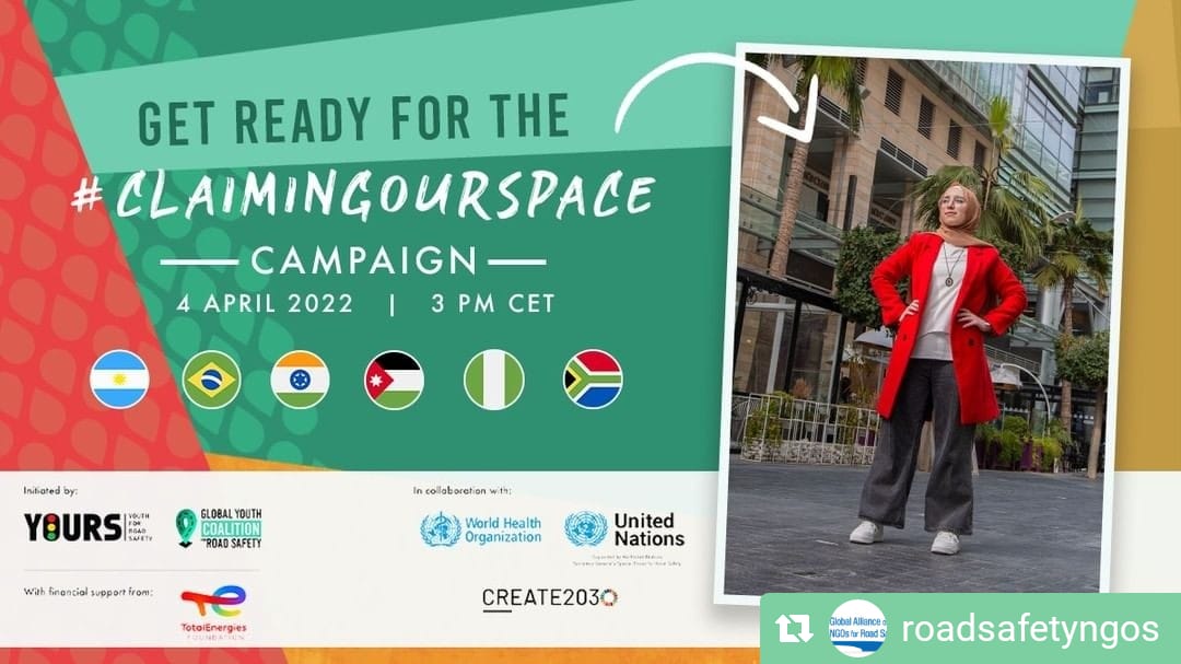 La asociación mundial juvenil por la seguridad vial a lanzado la campaña #ClaimingOurSpace para destacar la participación de los jóvenes en la prevención de #roadcrashes, porque la juventud y la #SeguridadVial van de la mano.
¡Tomate tu foto y únete a la campaña!