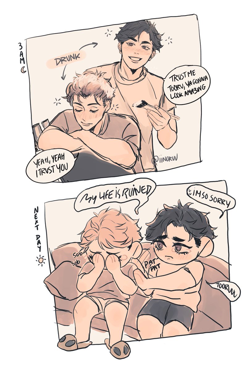 i hc that oikawa always makes the worst decisions while being drunk and that atsumu cries whenever he sees someone he likes crying, they always end up crying together 👍 
