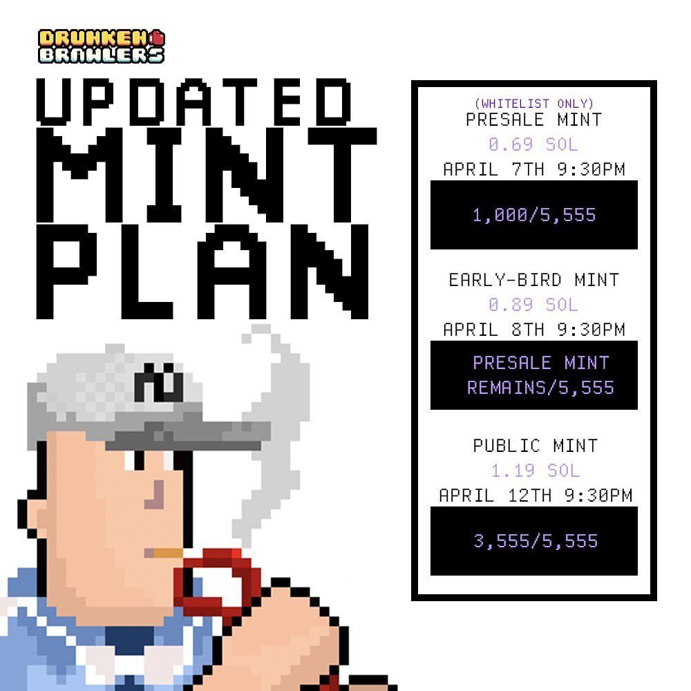 drunkenbrawlers's tweet photo. Due to current situation with Solana congestion, our dev team has decided to push our initial presale mint for another 2 days. 🙇🏻

Rest assured, we’ll get going and it’ll all be worth it in the end. 🍻

LFG. 🚀 https://t.co/c4vTdco8KA