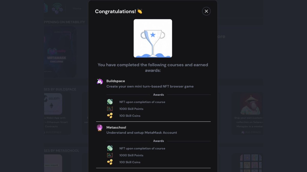 JohnJardin's tweet image. Have you completed courses on Buildspace or Metaschool & earned NFTs?
Connect your #MetaMask wallet to @MetabilityApp & watch how magically you are rewarded. PS: Your earned NFTs are also displayed in your User Profile.
Like & RT if you find this awesome 😎.
#web3 #learn2earn