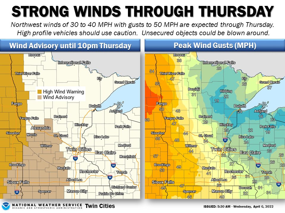 More wet and windy weather is expected through Thursday. Strongest winds are expected across western Minnesota with gusts of 40-50mph. Some minor snow accumulations are possible early today and again overnight, but will be confined to mainly grassy surfaces. #mnwx #wiwx https://t.co/GzjmPhxMuf