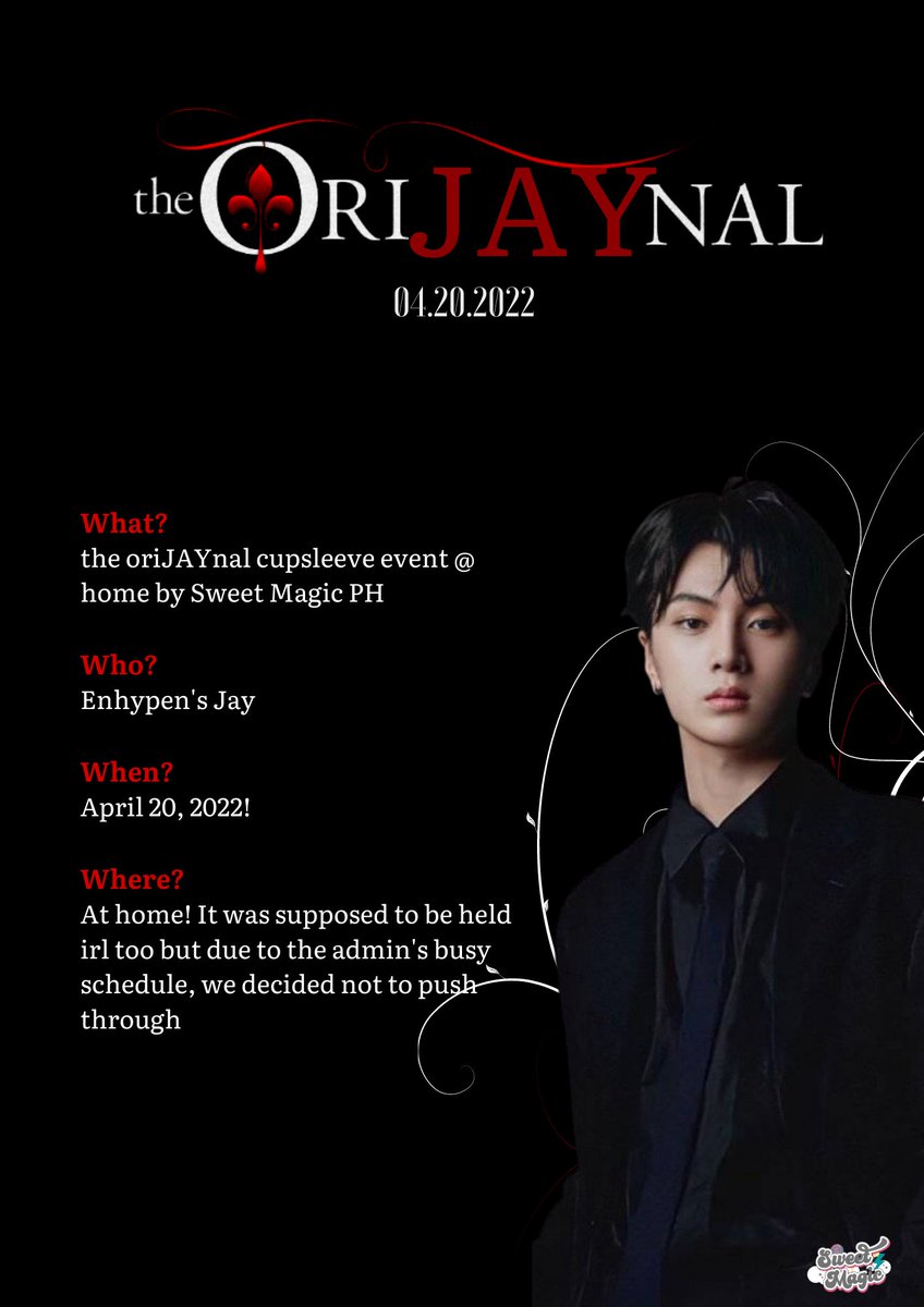 SweetMagicPH's tweet photo. #SweetMagicCSE
🦇the oriJAYnal🦇
↳ cupsleeve event @ home for Enhypen's Jay⚜️
↳ join for a chance to win 1 official jay photocard!
by Sweet Magic PH
form: https://t.co/4vIrZKTDuS https://t.co/AsyusvjsVT
