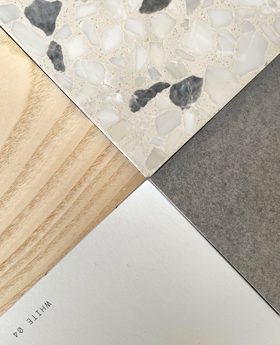 HapaArchitects's tweet photo. Here is our material palette for a master ensuite at our extension and refurbishment project in Barcombe. Terrazzo tiles, crown cut ash and grey porcelain tiles.

#samples #materials #ash #timber #Terrazzo #bathroom #ensuite  #residentialarchitecture #eastsussexarchitect https://t.co/PN1U0GYQHO