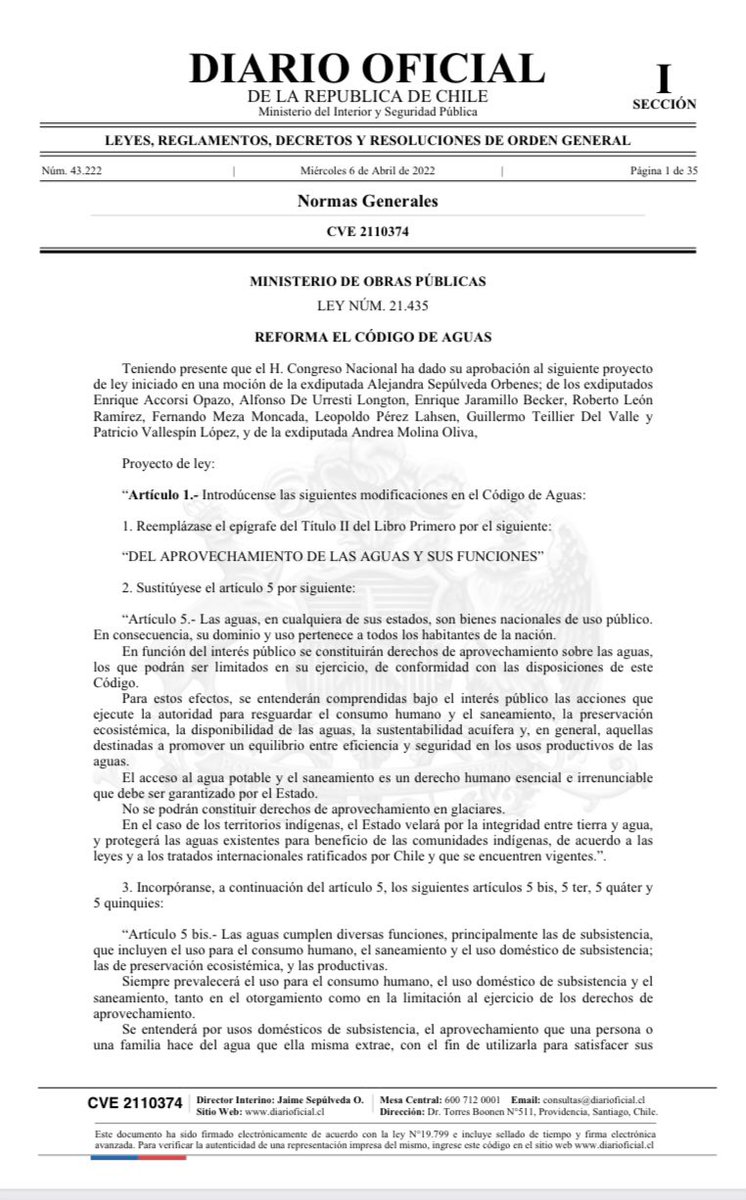 Maripacita's tweet photo. Hoy se publicó en el Diario Oficial la Ley 21.435 que modifica el Código de Aguas, luego de 11 años en el Congreso. #codigodeaguas #reformaalcodigo https://t.co/swYdDRNQKs