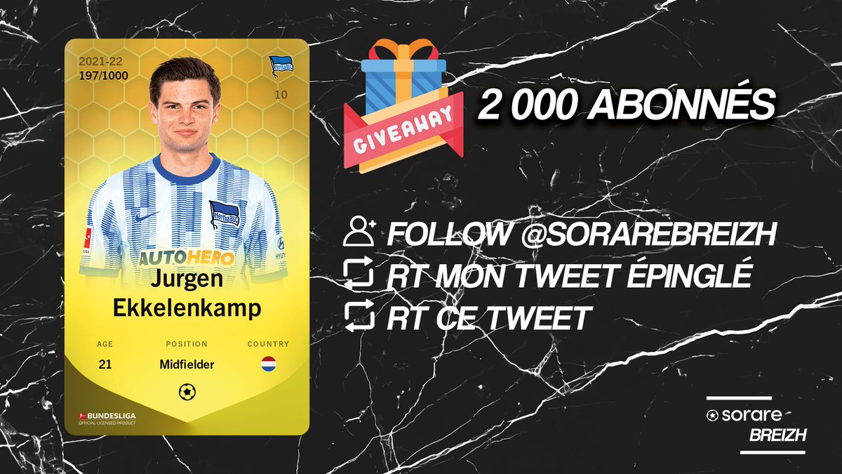 sorarebreizh's tweet photo. 🎁 Giveaway 2 000 abonnés #Sorare 🎁

Tente de gagner la carte 🟨 d'un U23 🇳🇱

Conditions 👇

👀 Follow @sorarebreizh
♻️ RT ce tweet
📌 RT mon tweet épinglé
 
⌛️ TAS : 10/04

#NFT #NFTs #NFTGiveaway #NFTGiveaways #NFTCommunity #NFTCollector #FantasyFootball #PlayToEarn #Concours https://t.co/FSjHp4BoDb