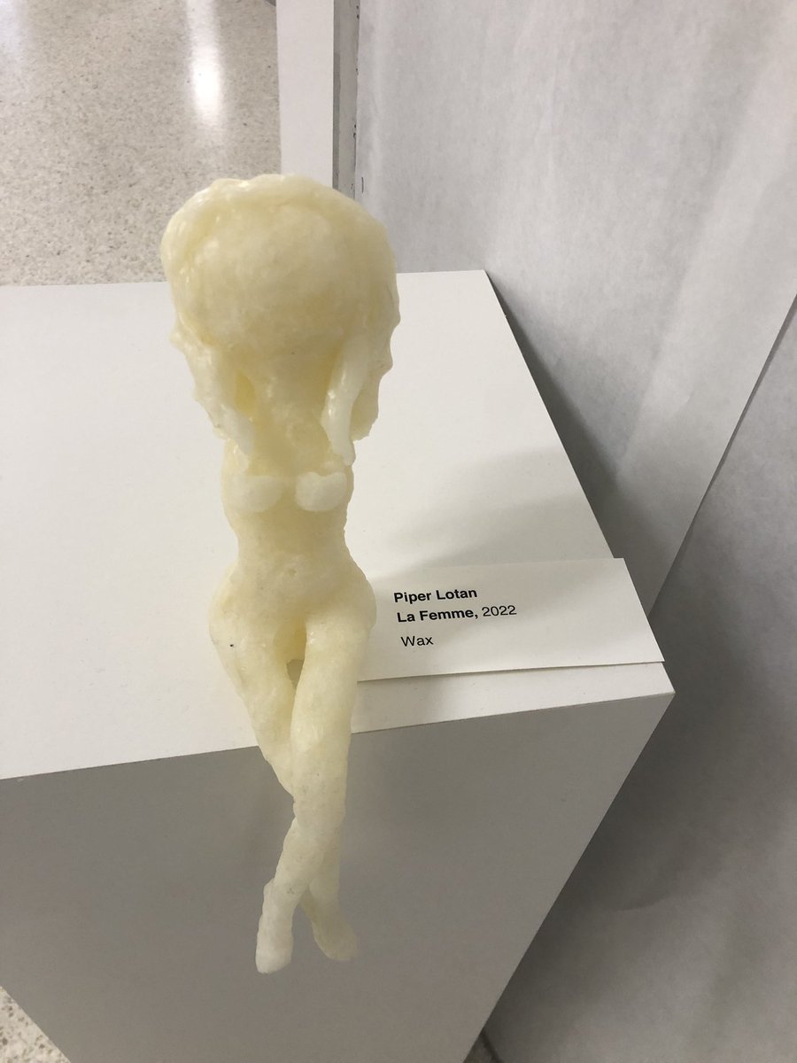 LuizaHyman's tweet photo. When you take your students during advisory to check out the IB Art exhibition and you notice that one of the pieces is labeled in French: “La Femme”. Piper made my day! Oh and our Art students are truly amazing! @grcollegiate https://t.co/06V9looQE0