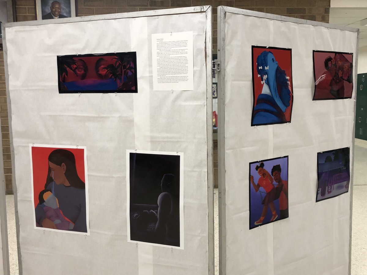 LuizaHyman's tweet photo. When you take your students during advisory to check out the IB Art exhibition and you notice that one of the pieces is labeled in French: “La Femme”. Piper made my day! Oh and our Art students are truly amazing! @grcollegiate https://t.co/06V9looQE0