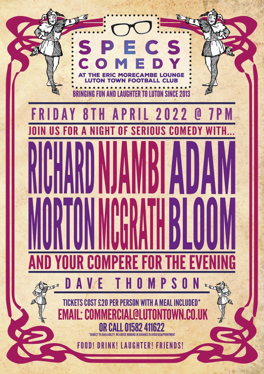 SpecsComedy's tweet photo. Specs Comedy returns this Friday!

Book your tickets NOW to avoid missing out on a fantastic night full of laughs.

Tickets cost £20 per person which includes your seat at the table and a two course meal.

Book your tickets by contacting the commercial team on 01582 411622. https://t.co/NPDiUKm5Q2