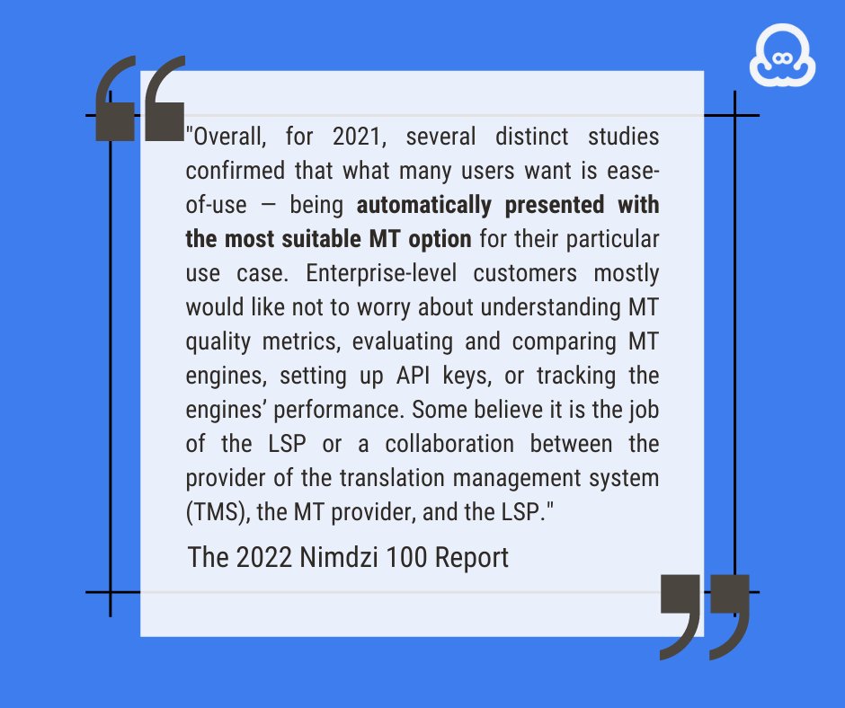 Octopad automatically selects the best-performing MT engine based on your language pair &amp; content type. 

It takes the assessment, selection, evaluation and technological setup of different #machine #translation providers off your shoulders. #l10n