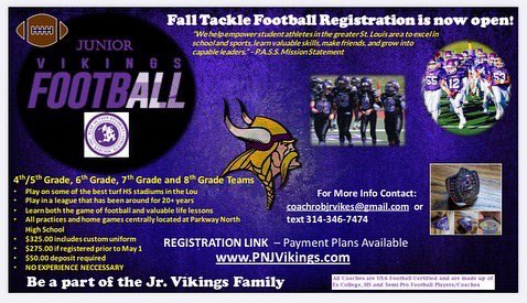4th-8th grade 2022 Spring/Summer workouts coming up. If you are in the Parkway North District, come join the family #oneprogram #nextlevelNorth <a href="/ParkwayNorthFB/">Coach Odenwald</a> <a href="/PNVikings10/">Parkway North Activities</a> <a href="/newsfromNEMS/">Parkway Northeast Middle</a> <a href="/BelleriveElem/">Bellerive Elementary</a> <a href="/mckelveyelem/">McKelvey Elementary</a> <a href="/RossElementary/">Ross Elementary</a> <a href="/CraigElementary/">Craig Elementary</a>