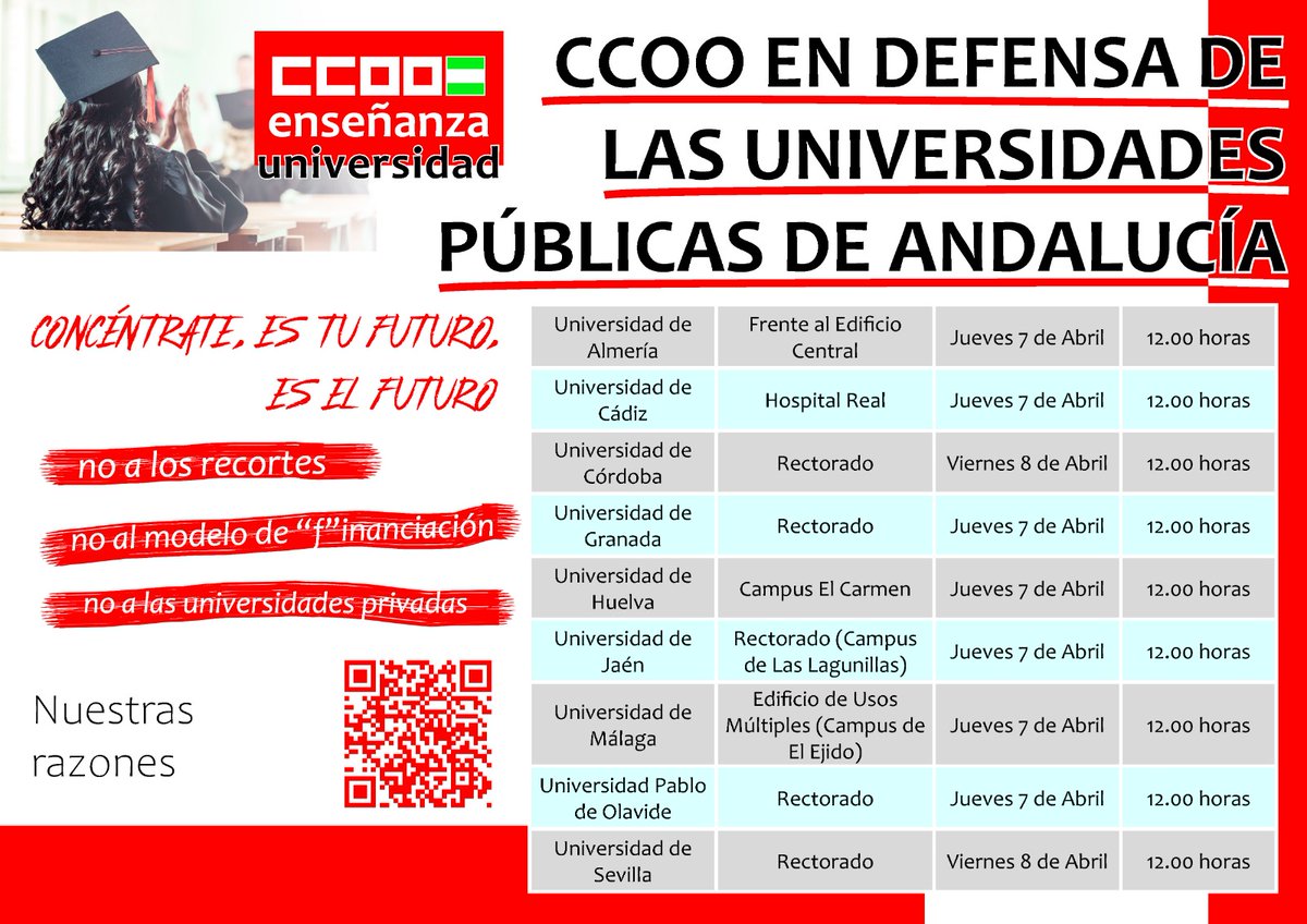 ccoocadiz's tweet photo. 📢#MAÑANA iniciamos las movilizaciones por las Universidades Públicas en Andalucía. No vamos a consentir que @AndaluciaJunta desmantele el servicio y que apueste por la Privada✂️💸
En #Cádiz 📅 #7abril a las ⌚️12 h. en 📍Pza. del Falla
@ccoocadiz @feccooand @CCOOEnseCadiz https://t.co/xAO29xFzBR