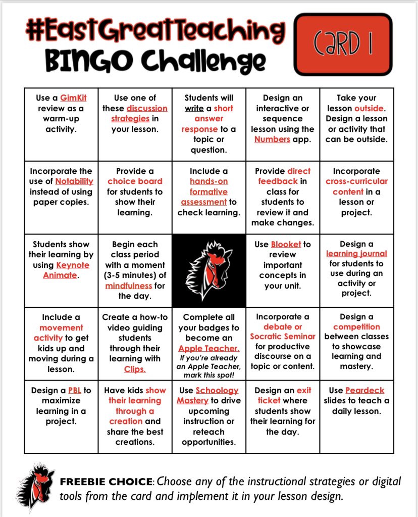 We are in WEEK THREE of the #EastGreatTeaching Bingo Challenge, and I’m so impressed with everyone who’s participating! It’s not too late to start! Prizes await for every BINGO! #EastUnity