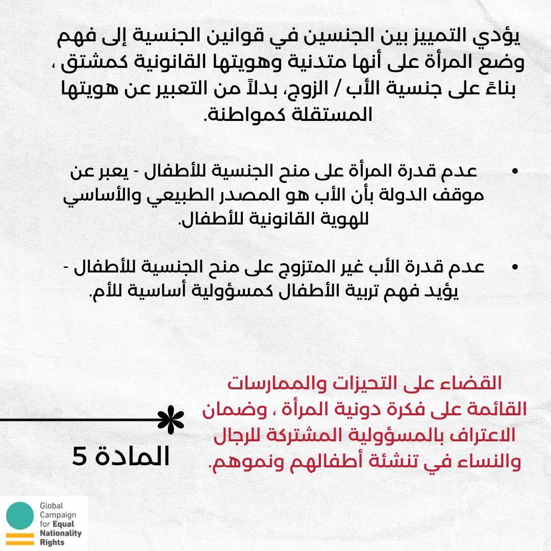 EQLNationality's tweet photo. يؤدي التمييز بين الجنسين في قوانين الجنسية الى اعتبار بأن المرأة هي أدنى درجة من الرجل وأن هويتها القانونية ليست مستقلة كمواطنة. 

#جنسيتي_حق_لي_ولعائلتي https://t.co/RujoMoIN37