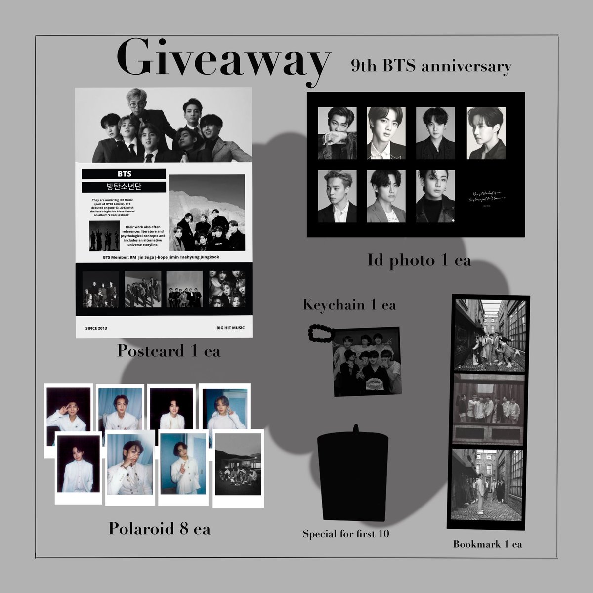 Please RT
— Giveaway BTS 9th Anniversary —

50 set only 
• 1 set/ person 
• shipping 47- 
• Form: 15/04/22 (21.00)
• Exchange DM
(More in mention)

#ตลาดนัดบังทัน 
#9yearswithBTS 
#BTS9thAnniversary