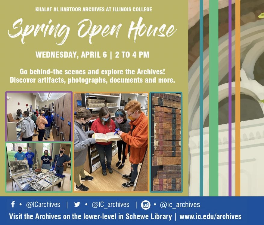 IC_Archives's tweet photo. Join us TODAY from 2-4 for our Spring Open House! 💐 Go behind-the-scenes and explore the Archives! Discover artifacts, photographs, documents and more. 🔎📚🎞 #IllinoisCollege https://t.co/faNpTv4AYp