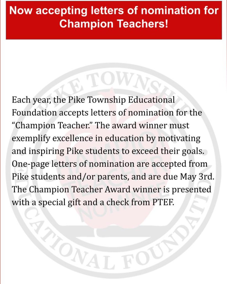 It's the time of year we want to hear from YOU!  Who's your nominee for PTEF's Champion Teacher of the Year? Fill out this form and let us know! pike-ef.org/champion-teach…
#pikeproud
