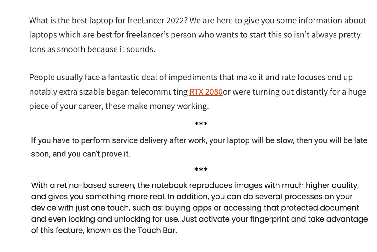 Sincere question <a href="/JohnMu/">John 🧀 ... 🧀</a> Image shows snippets from 3 articles on 1st page of SERPS for "best laptops for freelancers," all outrank genuine, expert content.

How do genuine, well-intentioned site owners motivate themselves to produce content when the algo favours stuff like this?