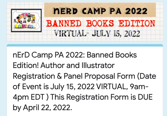 nErDCampPA1's tweet image. We're in the process of emailing all the incredible authors, illustrators &amp;amp; educators who submitted a proposal for #nErDCampPA: BANNED BOOKS EDITION. If you haven't submitted a proposal yet, it's not too late! Here's the link: tinyurl.com/signup4nerdpa @PENamerica @RedWineBlueUSA