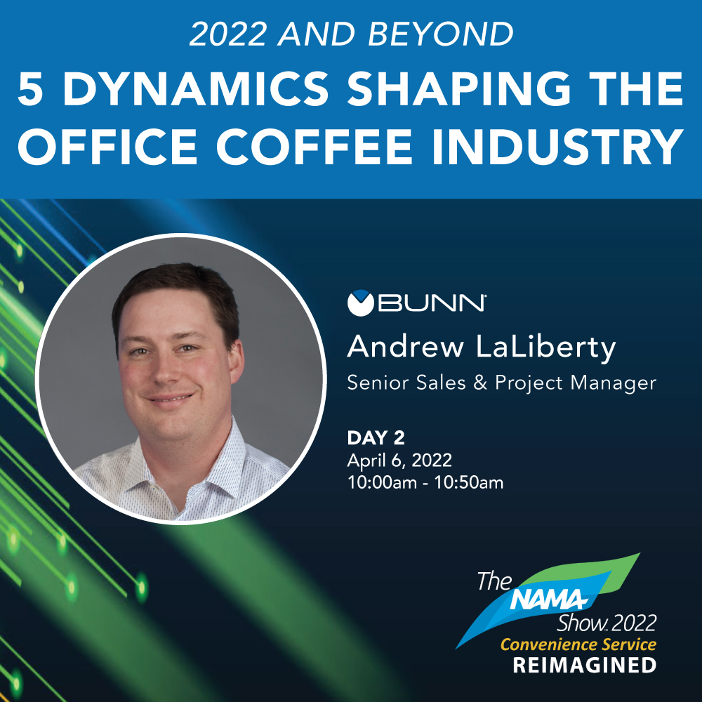 BUNN's tweet photo. Join Andrew LaLiberty from BUNN while he discuss the '5 Dynamics Shaping the Office Coffee Industry 2022 and Beyond' – This session presents details on dynamics shaping the global coffee market. Wednesday, April 6 • 10:00am – 10:50am
Session: https://t.co/gjw2fErcxh #namanow https://t.co/hZ4oh6Kxkg