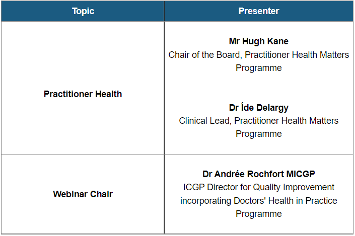 #GPs and #GPTrainees, tomorrow, Thurs 07 April at 1pm, the ICGP Lunchtime Webinar Series continues. 
Join Dr Andree Rochfort <a href="/ARochfort/">andree rochfort</a>, for discussion about Practitioner Health with Mr Hugh Kane &amp; Dr Ide Delargy. <a href="/PracthealthInfo/">practitionerhealth</a> 
Registration by email - 1 external CPD credit