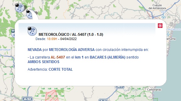 E112Andalucia's tweet photo. ⚠️ #Actualización #InformacióndeServicio Estado de carreteras en la provincia de #Almería
▶️ AL-9101 #María Abierta al tráfico
▶️ AL-5407 #Bacares Cortada desde el km 1 por nieve
▶️ AL-5100 #Albanchez Cortada entre los kms 18 y 26 por desprendimientos en la calzada
@DGTes https://t.co/ZYcLYcjHnm