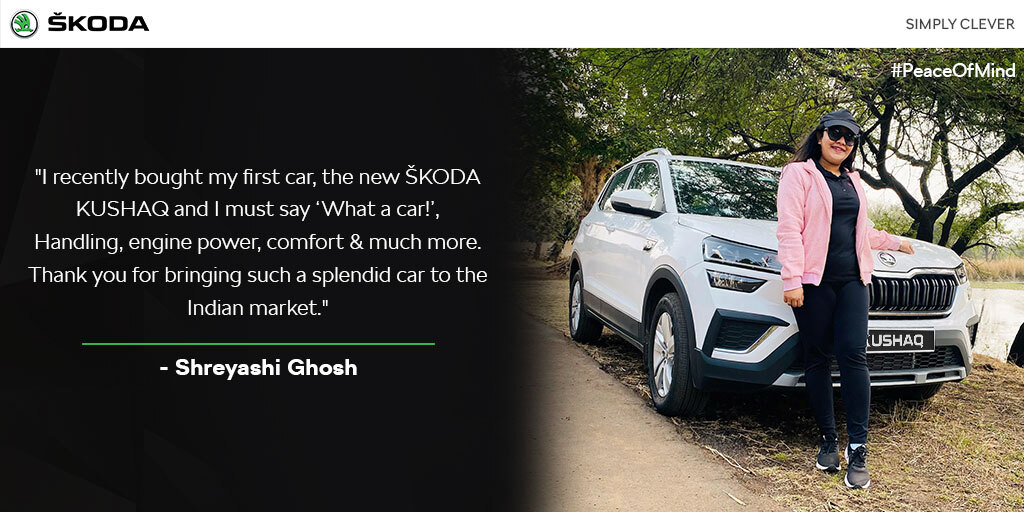 SkodaIndia's tweet photo. Thank you Shreyashi Ghosh for sharing your experience! 
We hear road trips calling! 😌
#SKODAIndia #SKODAKUSHAQ #SKODADriveTribe
#DriveExperience #testimonial #HappyCustomer #review https://t.co/nhntWWBwsX
