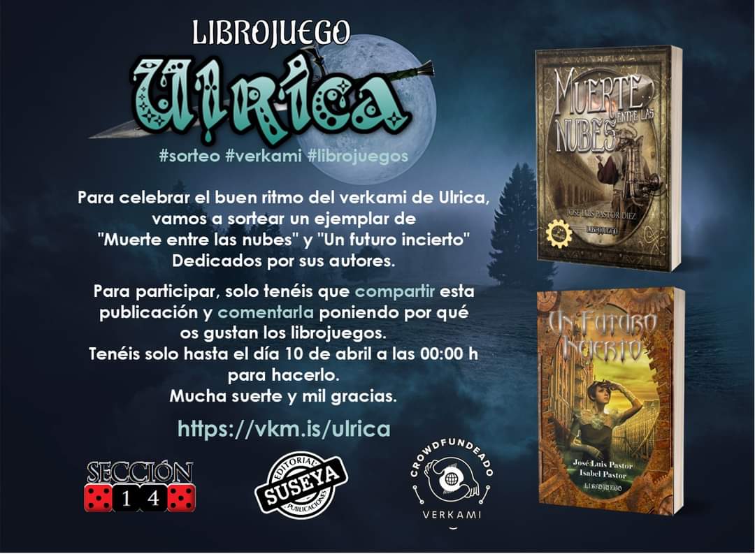 #sorteo #verkami #librojuegos
Para celebrar el buen ritmo del verkami de Ulrica, vamos a sortear un ejemplar de "Muerte entre las nubes" y "Un futuro incierto" dedicados.
Instrucciones en la imagen. 
Mucha suerte y mil gracias.
vkm.is/ulrica