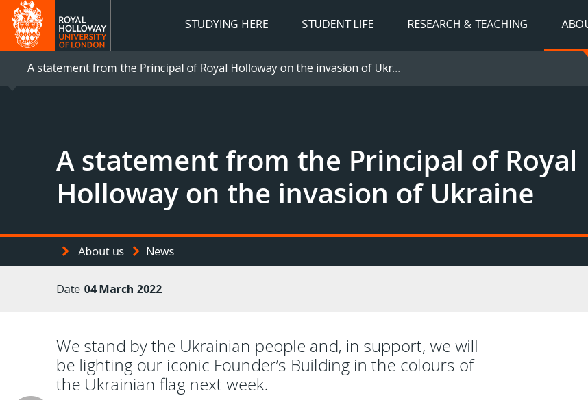 AgainstIii's tweet photo. "We stand by the Ukrainian people", — a statement from the Principal of @RoyalHolloway on the invasion of Ukraine.

https://t.co/UhSH9D4XRa

#StandWithUkraine https://t.co/c04W5ctujN