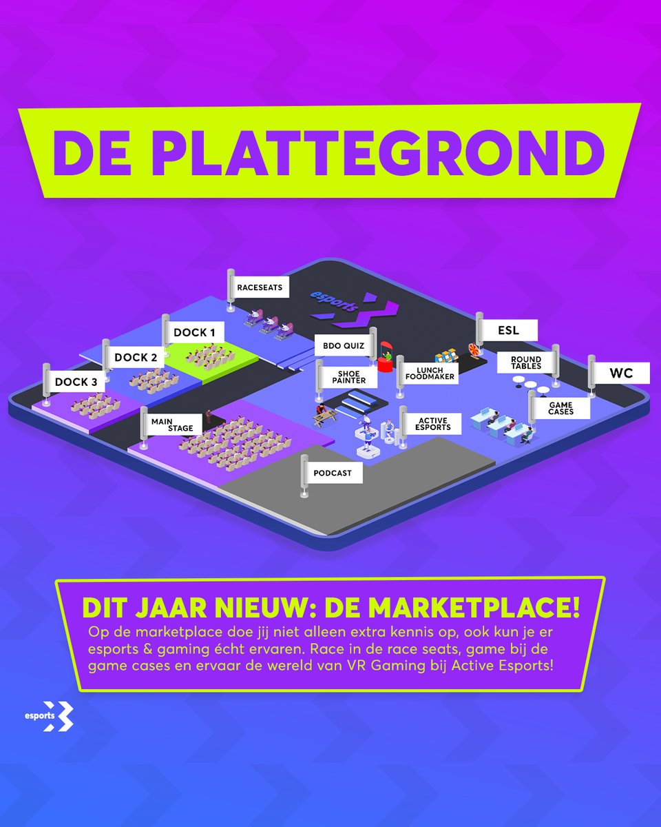 𝗗𝗘 𝗘𝗦𝗣𝗢𝗥𝗧𝗦𝗫 𝗣𝗟𝗔𝗧𝗧𝗘𝗚𝗥𝗢𝗡𝗗! 🎮✅

Tijdens EsportsX kun jij naast het kennis opdoen van marketing in de wereld van esports &amp; gaming ook esports &amp; gaming zelf ervaren. Benieuwd waar? Bekijk de plattegrond!