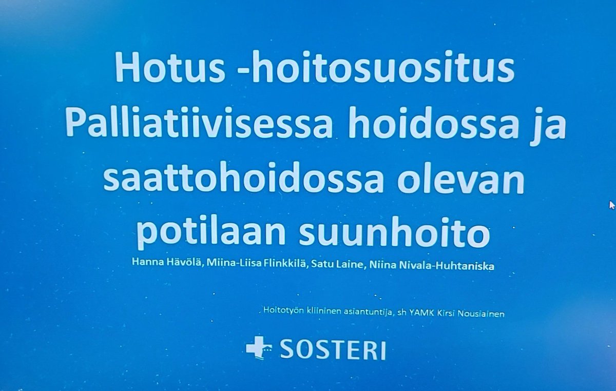 Ketterää kehittämistä @SosteriFI
iltapäivän aiheena @HotusFI #hoitosuositus palliatiivisessa ja saattohoidossa olevan potilaan suunhoito. Aiheesta alustaa kliinisen hoitotyön asiantuntija, sh Kirsi. 💖