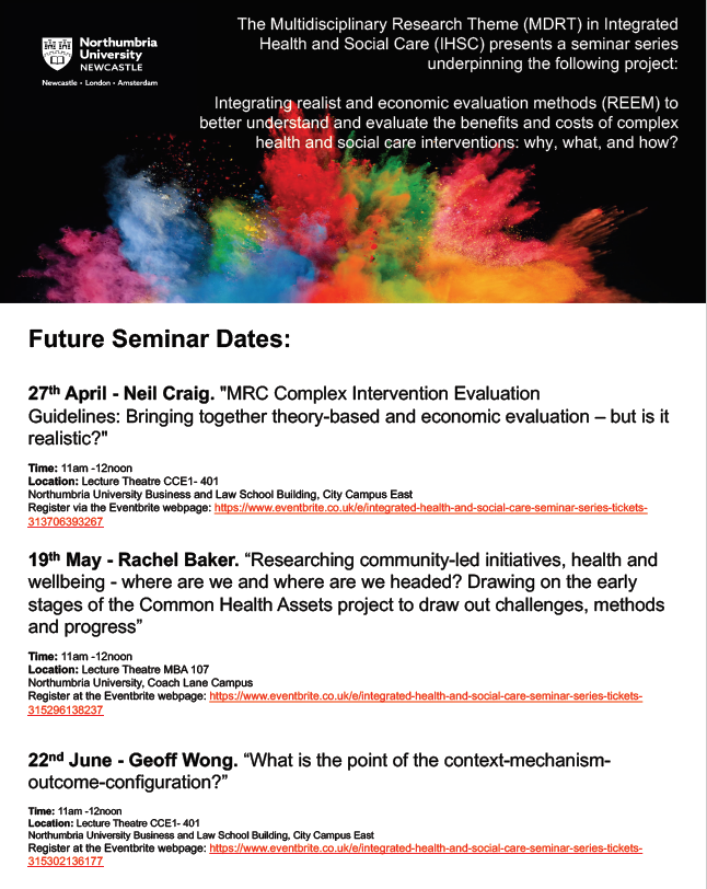 Further dates and speakers for new seminar series hosted by Multidisciplinary Research Theme (MDRT) in Integrated Health and Social Care (IHSC) and @nrealists at Northumbria University. Please see below for details and link to register in comments. Please RT and share widely :)