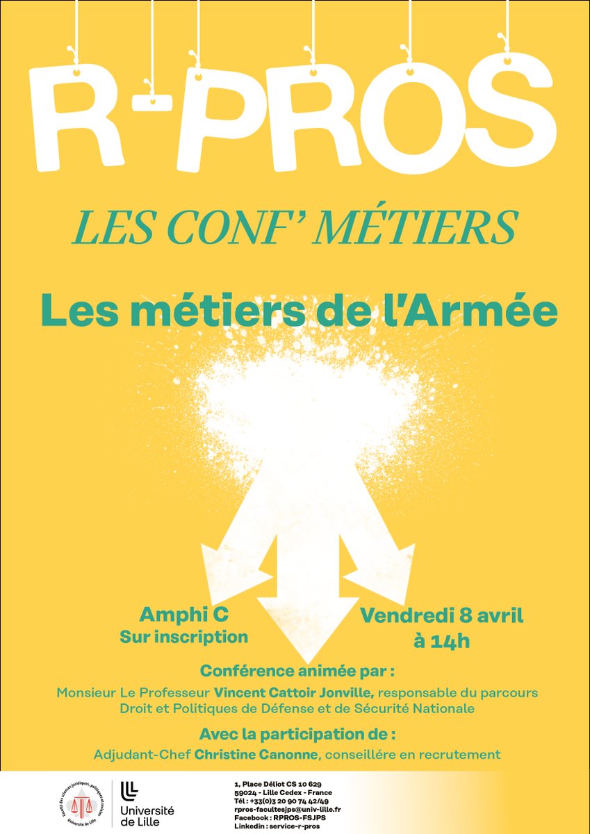 Dans le cadre du printemps R'Pros, rendez-vous pour 2 nouvelles conf'métiers le vendredi 8 avril à 14h : "les métiers de l'armée" en Amphi C et le "concours d'administrateur au Sénat" en Amphi F. bit.ly/3K9kW2t