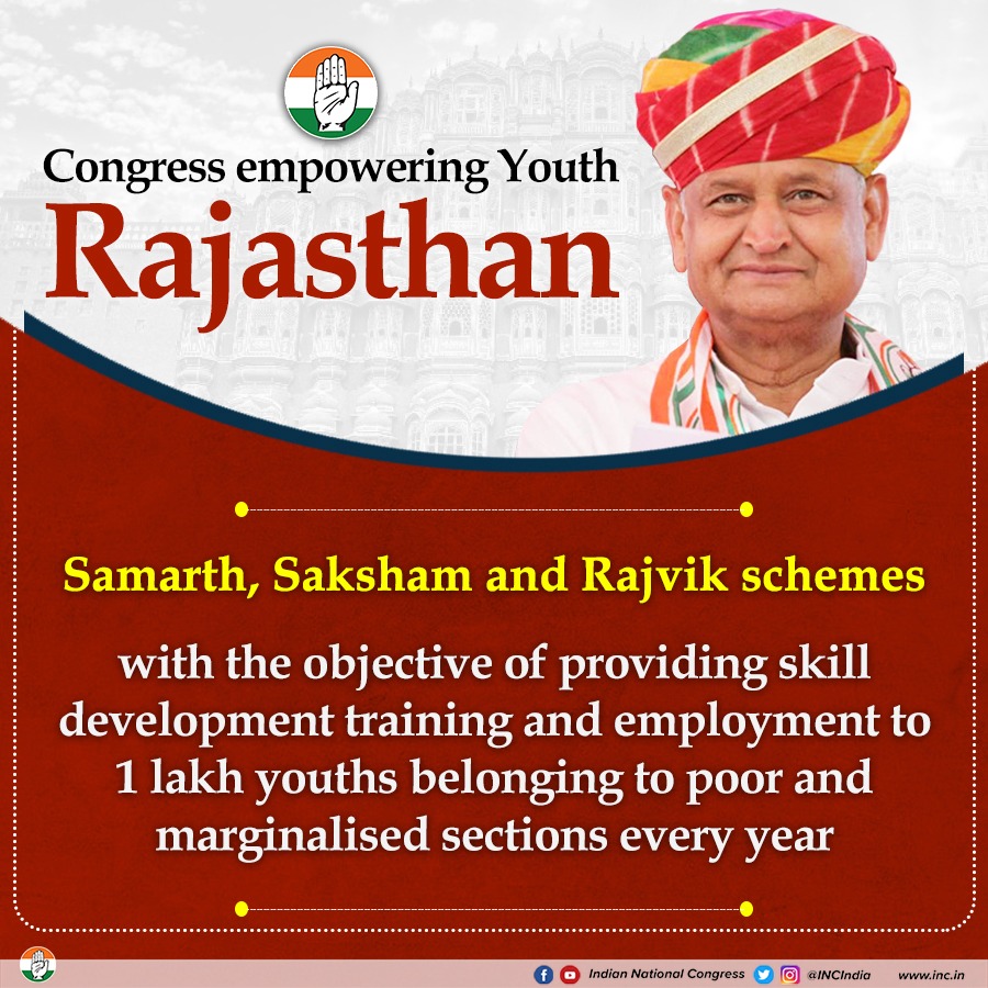 INCIndia's tweet photo. With the aim of providing employment people from all sections of the society, the Congress govt in Rajasthan launched the Samarth, Saksham and Rajvik schemes, focusing on providing skill development &amp; training to women, poor, and marginalised sections.

#RealGovernance https://t.co/gQ1FCnWaoF