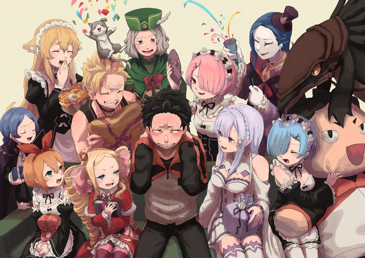 emilia (re:zero) ,natsuki subaru ,ram (re:zero) ,rem (re:zero) multiple girls roswaal mansion maid uniform multiple boys blonde hair blue hair maid pink hair  illustration images