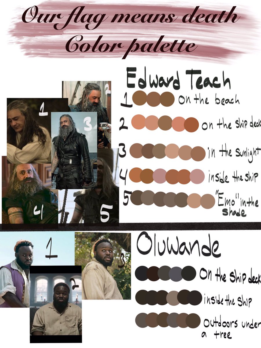 HorrorHijabi's tweet photo. Im sick of all the whitewashing in the #ofmd fandom so heres some color palettes to use while doing art. (These are specifically for the characters of color) #OurFlagMeansDeath https://t.co/C2PzIwgt3s