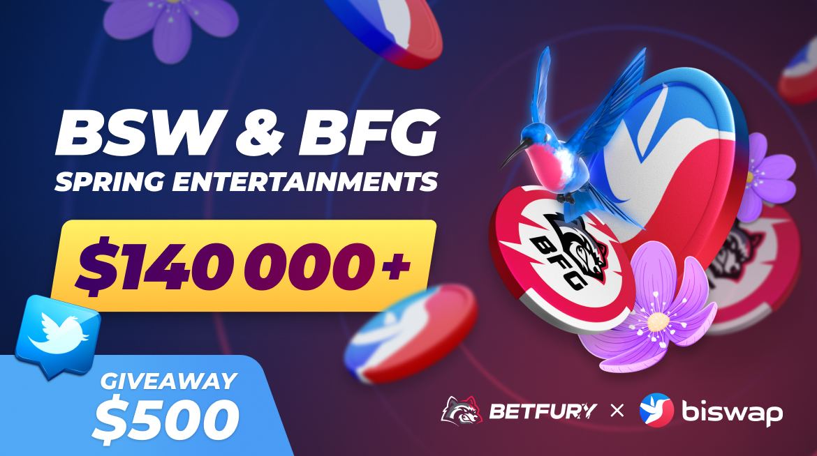💐Celebrate #BFG &amp; #BSW Spring 
Entertainments for over $140 000💐
  betfury.tv/3j7DzrO

🔥$500 GIVEAWAY - Share in #BFG &amp; #BSW 
 
⏰Apr 6-13 | 💰5 winners
☄️Be registered on betfury.io
☄️Follow <a href="/betfury_gaming/">BetFury</a>  &amp; <a href="/Biswap_Dex/">Biswap</a> 
☄️Follow us
❤️&amp; RT