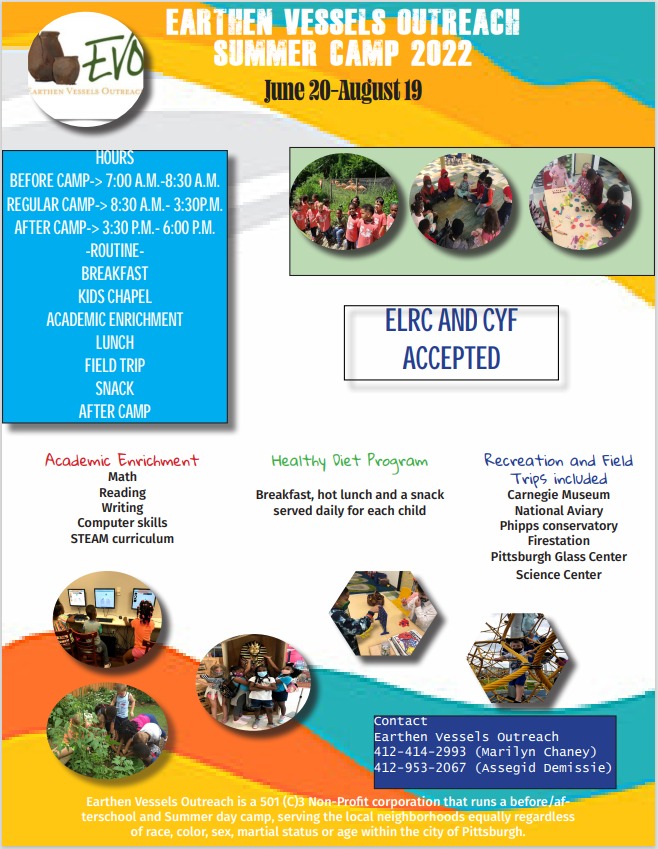 evo_pgh's tweet photo. SUMMER PLANS? 
If you want your children to have fun, meet lots of new friends, and participate in art, sports and academic activities in a safe and nurturing environment, register them for the Earthen Vessels Outreach Summer Day Camp 2022!  EVO is now an approved for ELRC! https://t.co/fG5XK5u7Hl