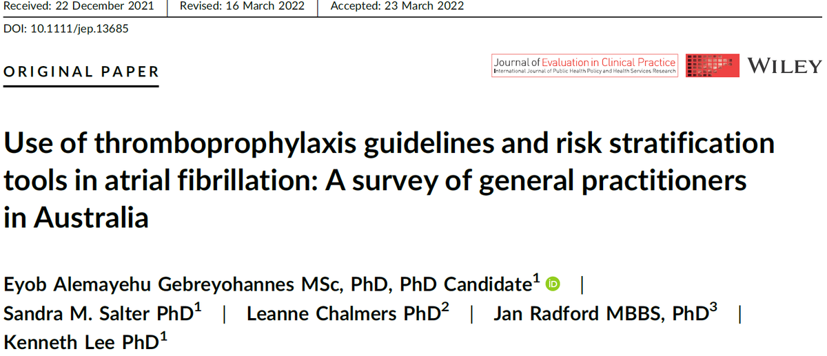 AG_Eyob's tweet photo. Just published the fourth paper of my #PhD project. 
Use of thromboprophylaxis #guidelines and risk stratification tools in #atrial_fibrillation: A survey of #GPs in Australia https://t.co/nEaa8ykVwN 

Thank you @KennyPharmPhD @SandraMSalter  Leanne @JanRadford @RACGP https://t.co/3NOIVA9D0G