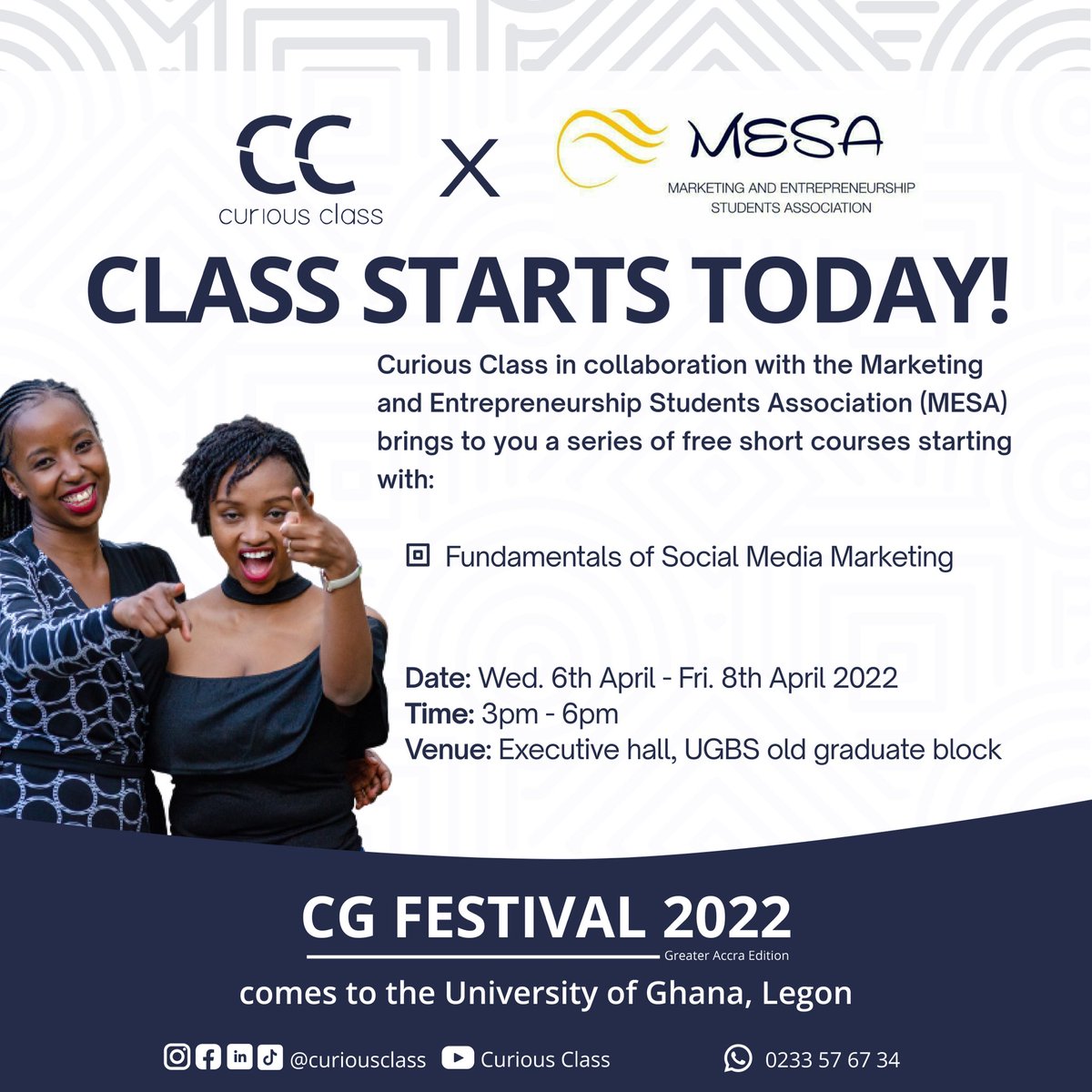 curious_class's tweet photo. It’s today 🥳 our CG Festival training at University of Ghana begins today with @mesaugbs. We are on a mission to build an army of tech savvy young Africans 🔥🔥🔥 

#ug #universityofghana #curiousclass #cgfestival2022 https://t.co/lDsg30KNSy