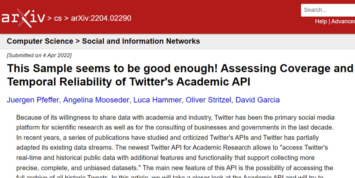 Publication alert for #Twitter researchers! The #AcademicAPI can deliver complete (or at least close to complete) sets of historic Tweets! Data endpoint V2 has higher coverage than endpoint V1.1. [1/5]
w/ @angelina_vmo <a href="/luca/">Luca Hammer</a> <a href="/oStritze/">Oliver Stritzel</a> <a href="/dgarcia_eu/">David Garcia</a> 
arxiv.org/abs/2204.02290