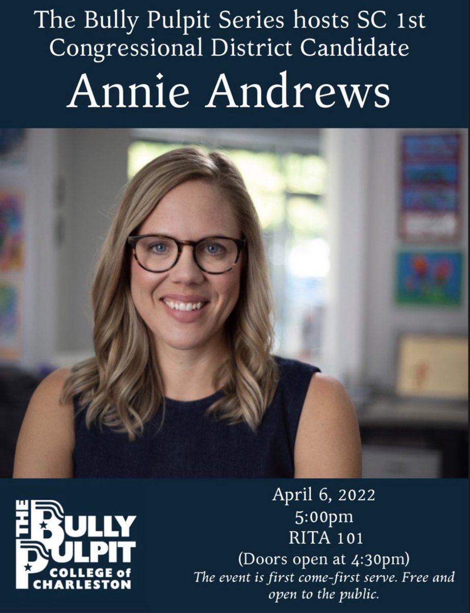 I hope you can join me tonight for this ⁦<a href="/CofCBullyPulpit/">CofC Bully Pulpit</a>⁩ event at 5:00 p.m.  I’ll start with some Q&amp;A with ⁦<a href="/AnnieAndrewsMD/">Dr. Annie Andrews</a>⁩ and then move to audience questions.  ⁦<a href="/CofC/">College of Charleston</a>⁩ <a href="/HSSatCofC/">CofC School of HSS</a>⁩ #scpol #2022 #SwingDistrict